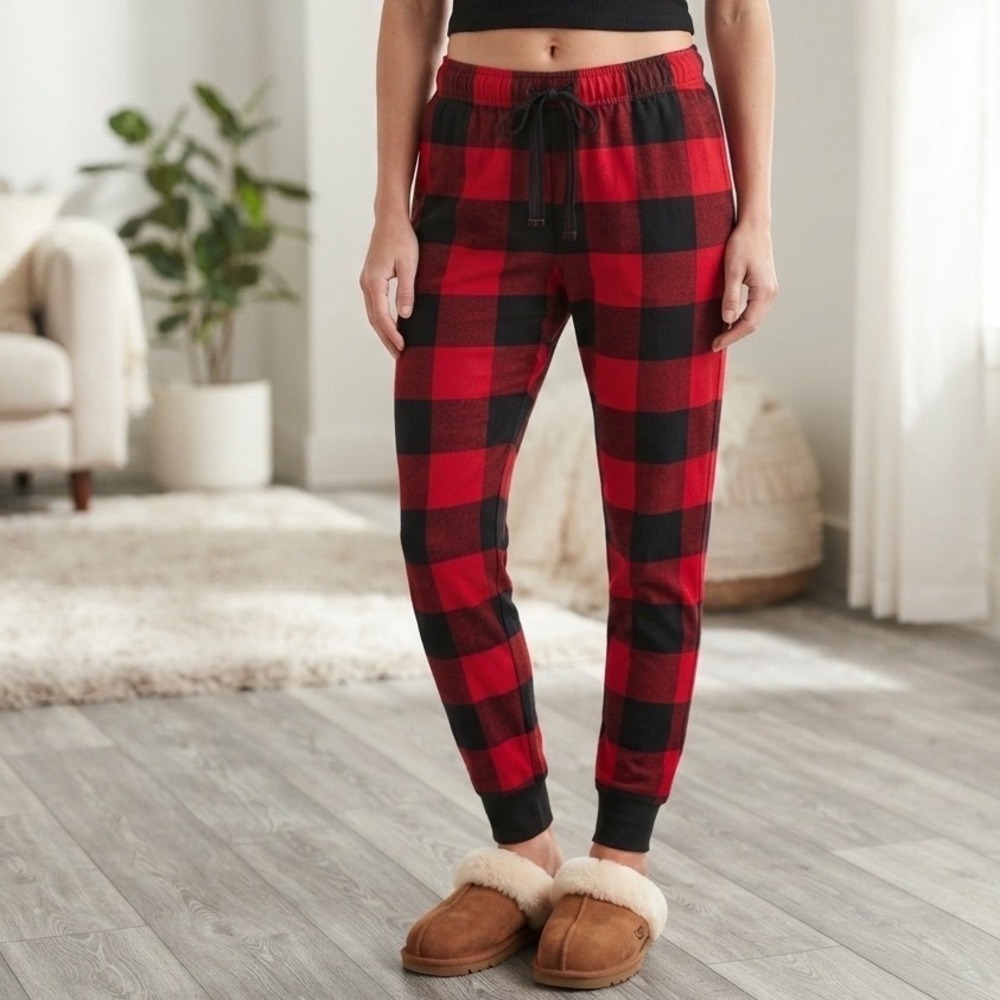 Old Navy Red Black Buffalo Plaid Flannel Pajama Jogger Pants Womens L Tall